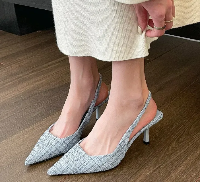 Tweed Pointed Slingback Kitten Heels