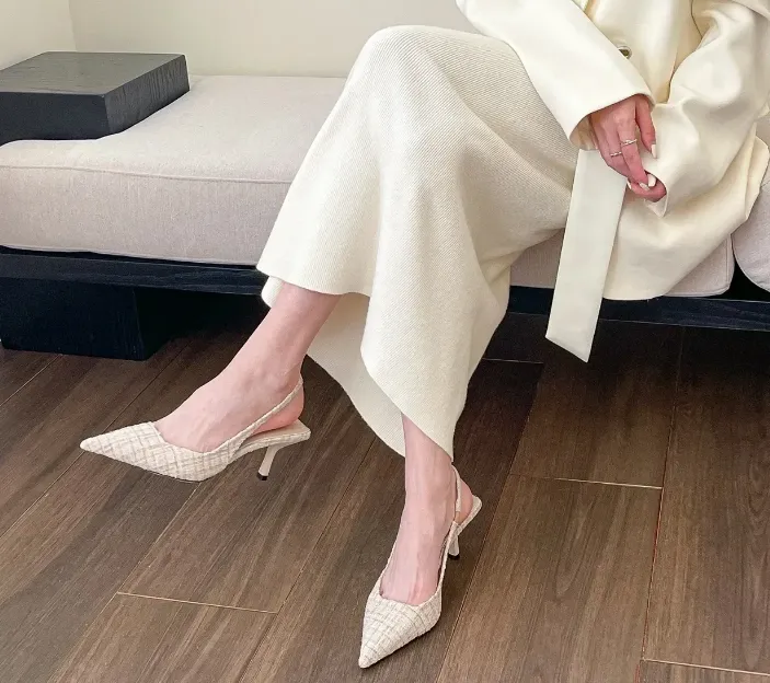 Tweed Pointed Slingback Kitten Heels