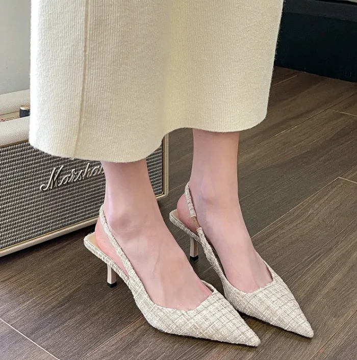 Tweed Pointed Slingback Kitten Heels