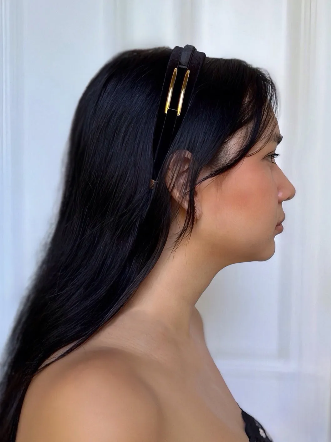 Velvet Gold Buckle 3 cm Flat Black Headband