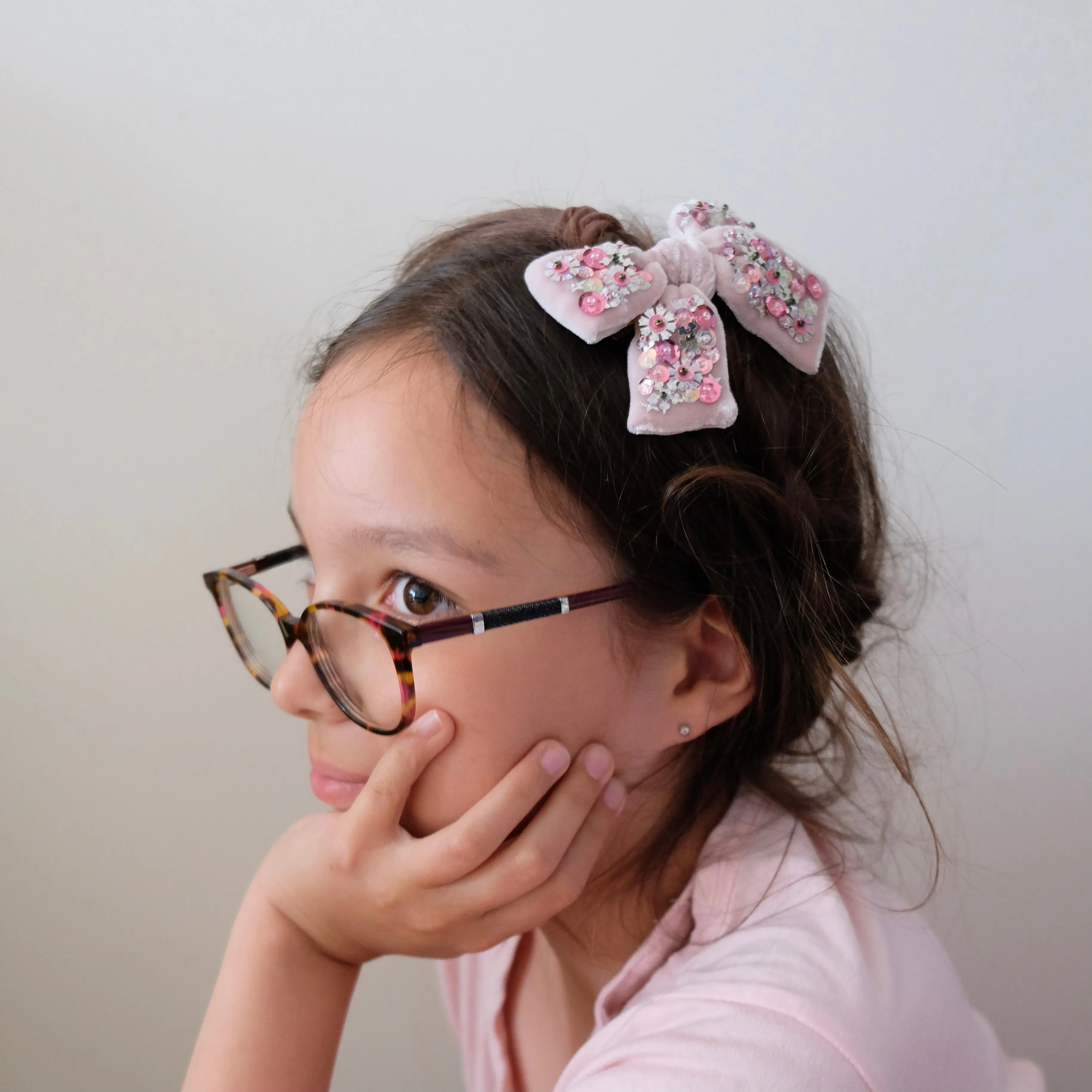 Velvet Hair Bow with Sequin - English Rose
