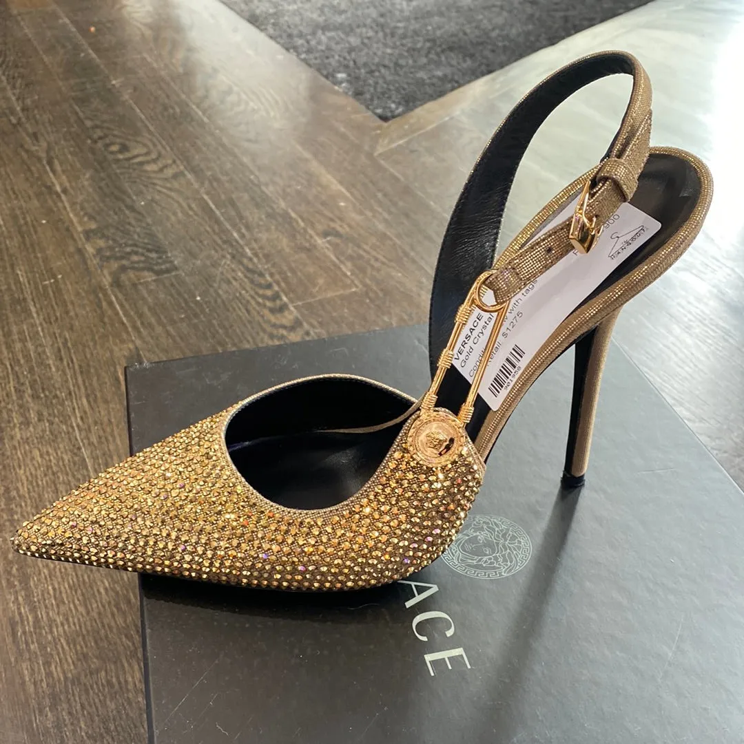 Versace Gold Crystal and Leather Slingback Pointed Toe Heel