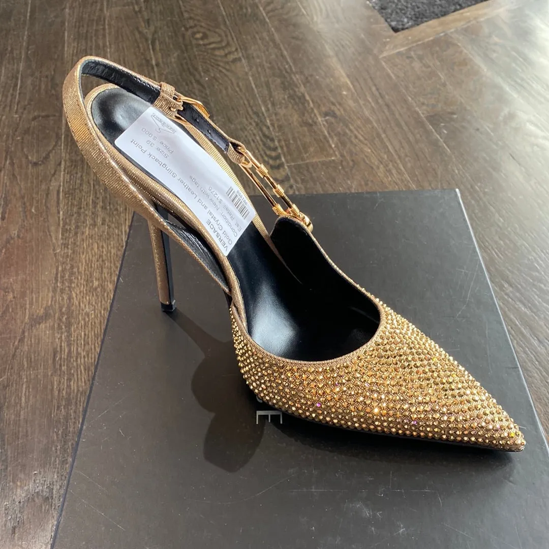 Versace Gold Crystal and Leather Slingback Pointed Toe Heel