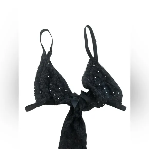Victoria’s Secret Black Lace Rhinestones Bows Strapy Sexy Little Things Teddy