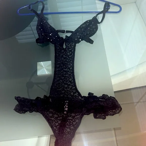 Victoria’s Secret Black Lace Rhinestones Bows Strapy Sexy Little Things Teddy