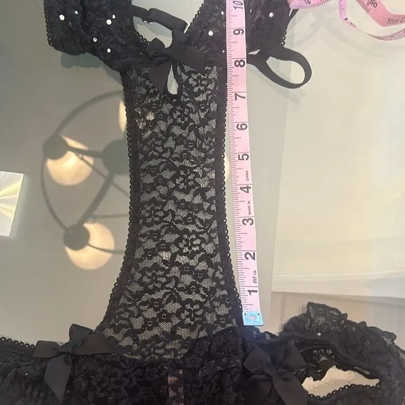 Victoria’s Secret Black Lace Rhinestones Bows Strapy Sexy Little Things Teddy
