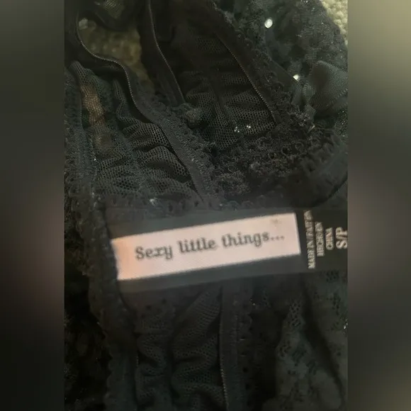 Victoria’s Secret Black Lace Rhinestones Bows Strapy Sexy Little Things Teddy