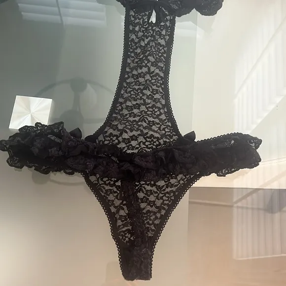 Victoria’s Secret Black Lace Rhinestones Bows Strapy Sexy Little Things Teddy