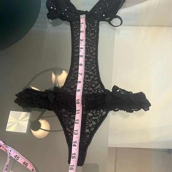Victoria’s Secret Black Lace Rhinestones Bows Strapy Sexy Little Things Teddy