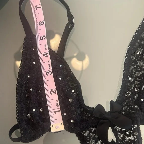 Victoria’s Secret Black Lace Rhinestones Bows Strapy Sexy Little Things Teddy