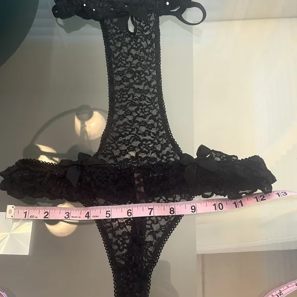 Victoria’s Secret Black Lace Rhinestones Bows Strapy Sexy Little Things Teddy