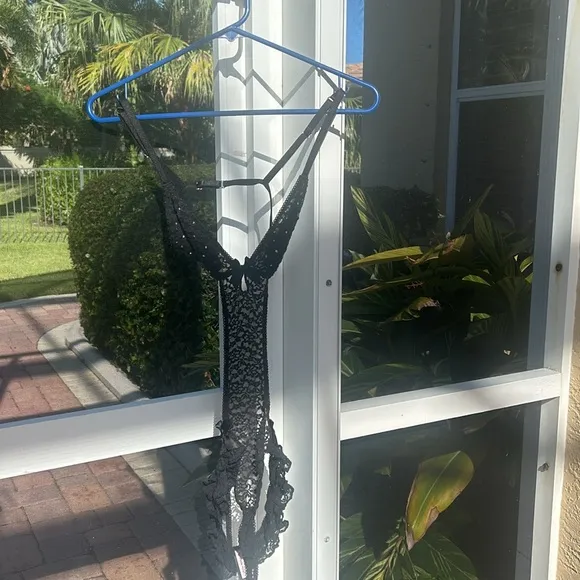 Victoria’s Secret Black Lace Rhinestones Bows Strapy Sexy Little Things Teddy
