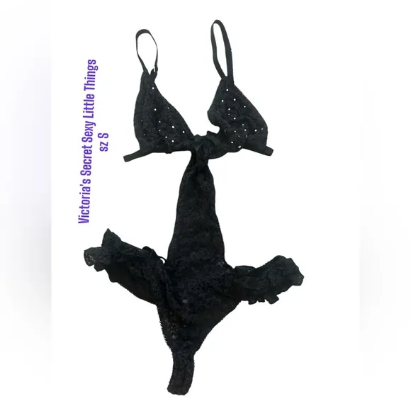 Victoria’s Secret Black Lace Rhinestones Bows Strapy Sexy Little Things Teddy