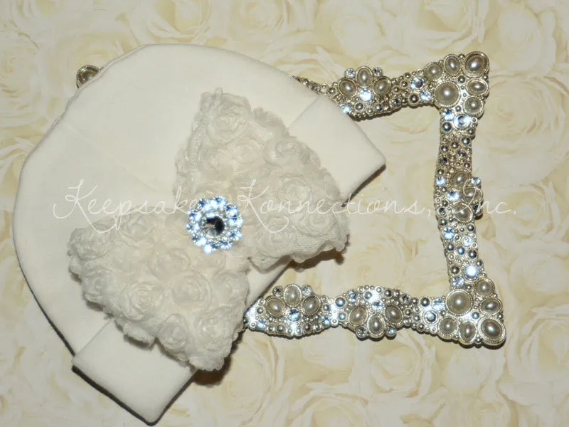White Beanie Hat with Rosette Bow