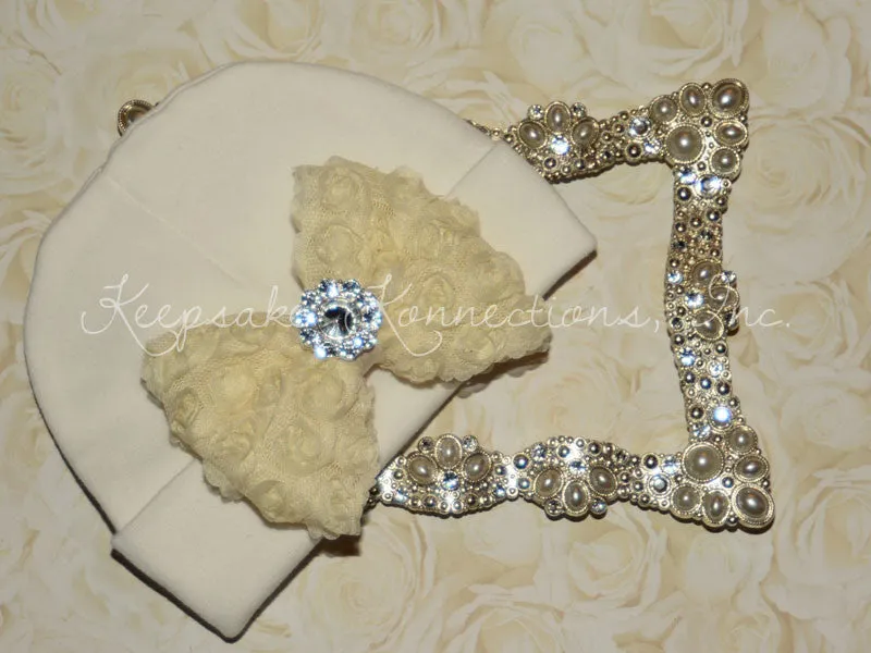 White Beanie Hat with Rosette Bow