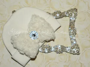 White Beanie Hat with Rosette Bow
