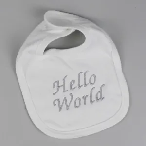 White Unisex Baby Bib - Hello World embroidery
