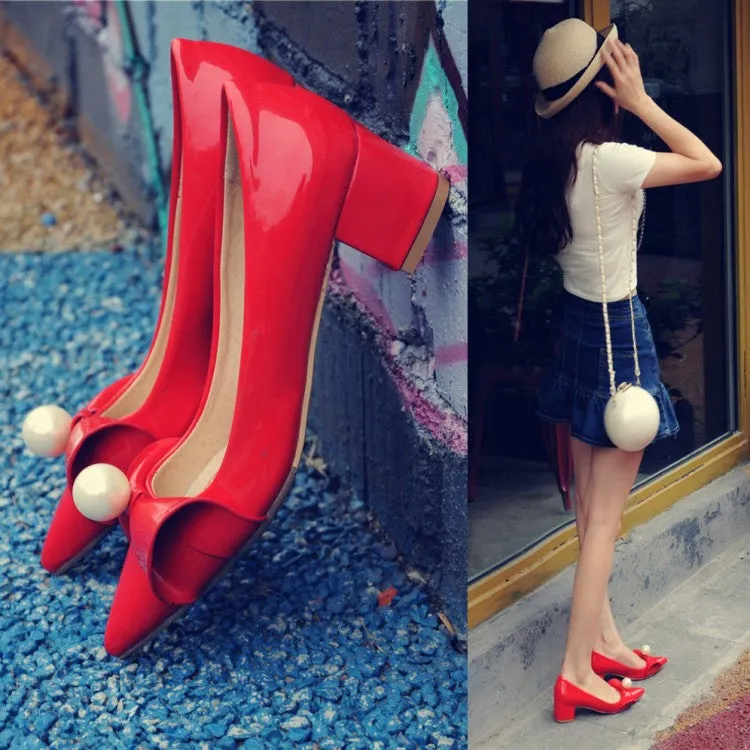 Women's Bowtie Pearl Chunky Heel Pumps