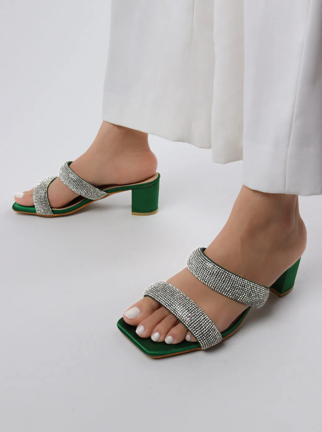 Women's Double Strap Bling Block Heels