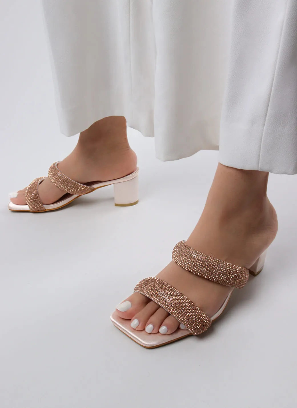 Women's Double Strap Bling Block Heels