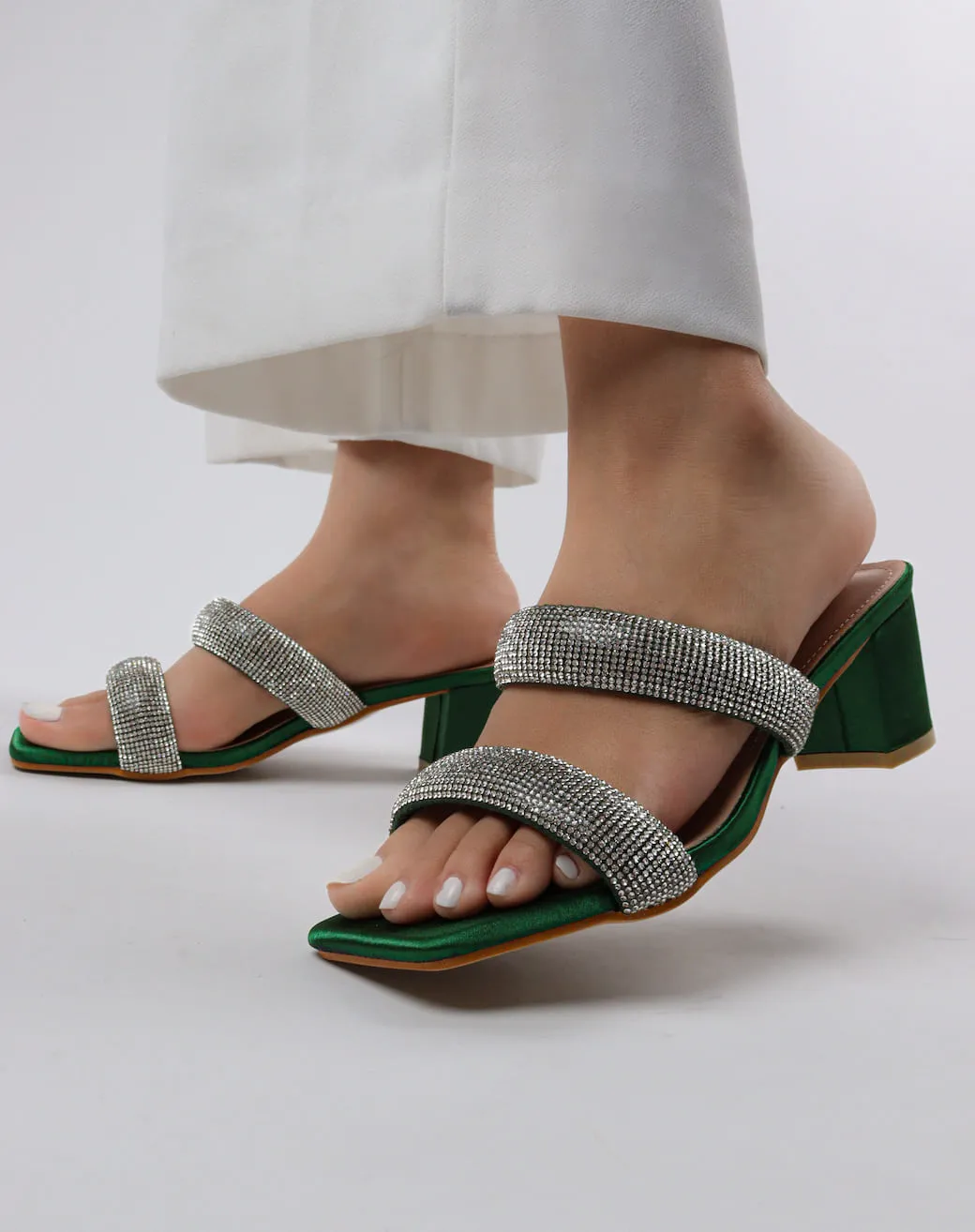 Women's Double Strap Bling Block Heels