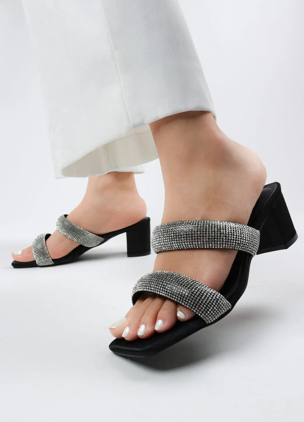Women's Double Strap Bling Block Heels