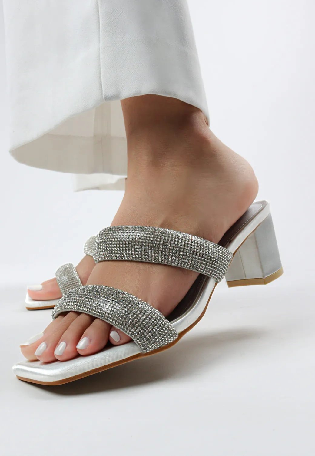 Women's Double Strap Bling Block Heels
