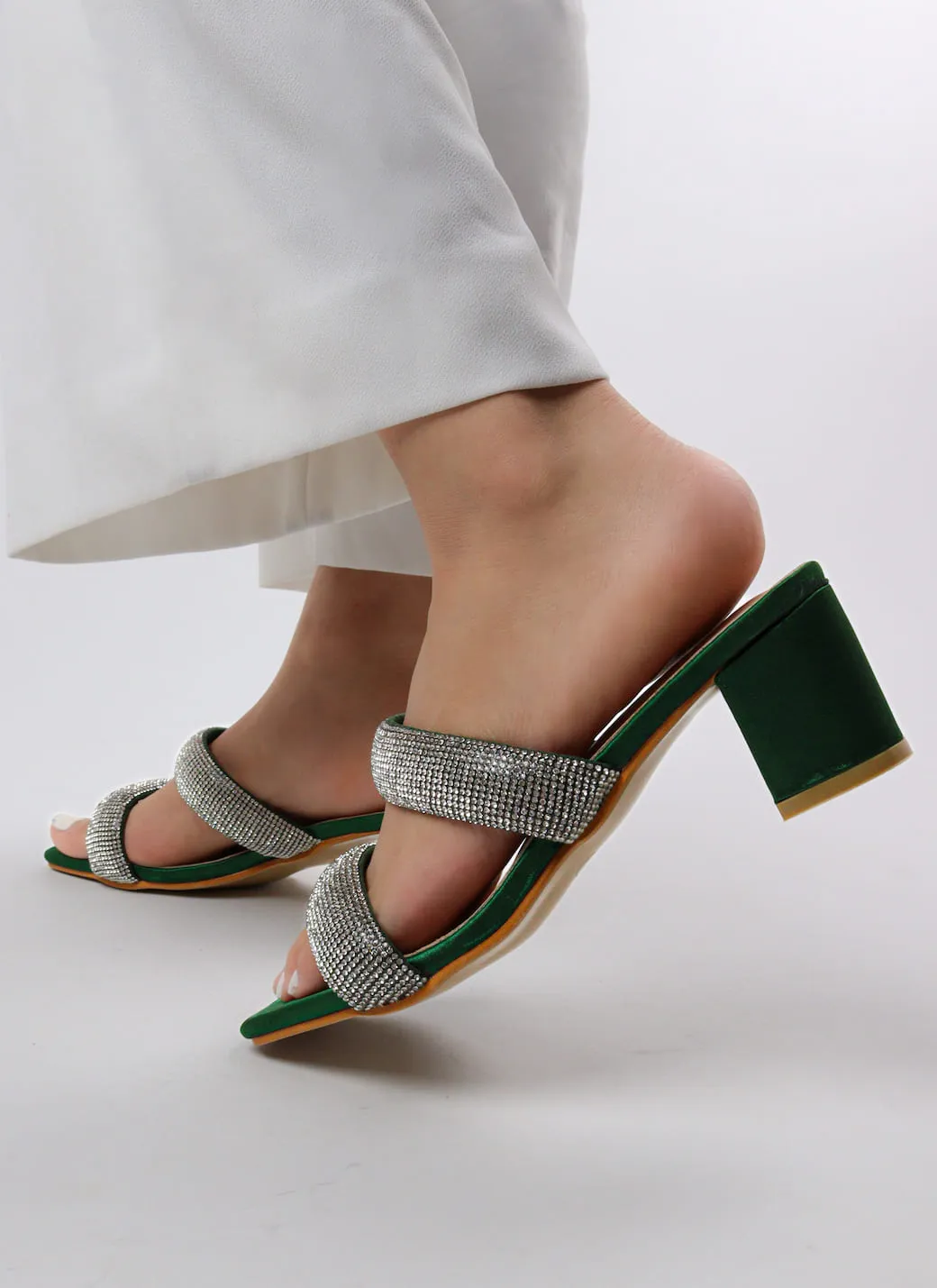 Women's Double Strap Bling Block Heels