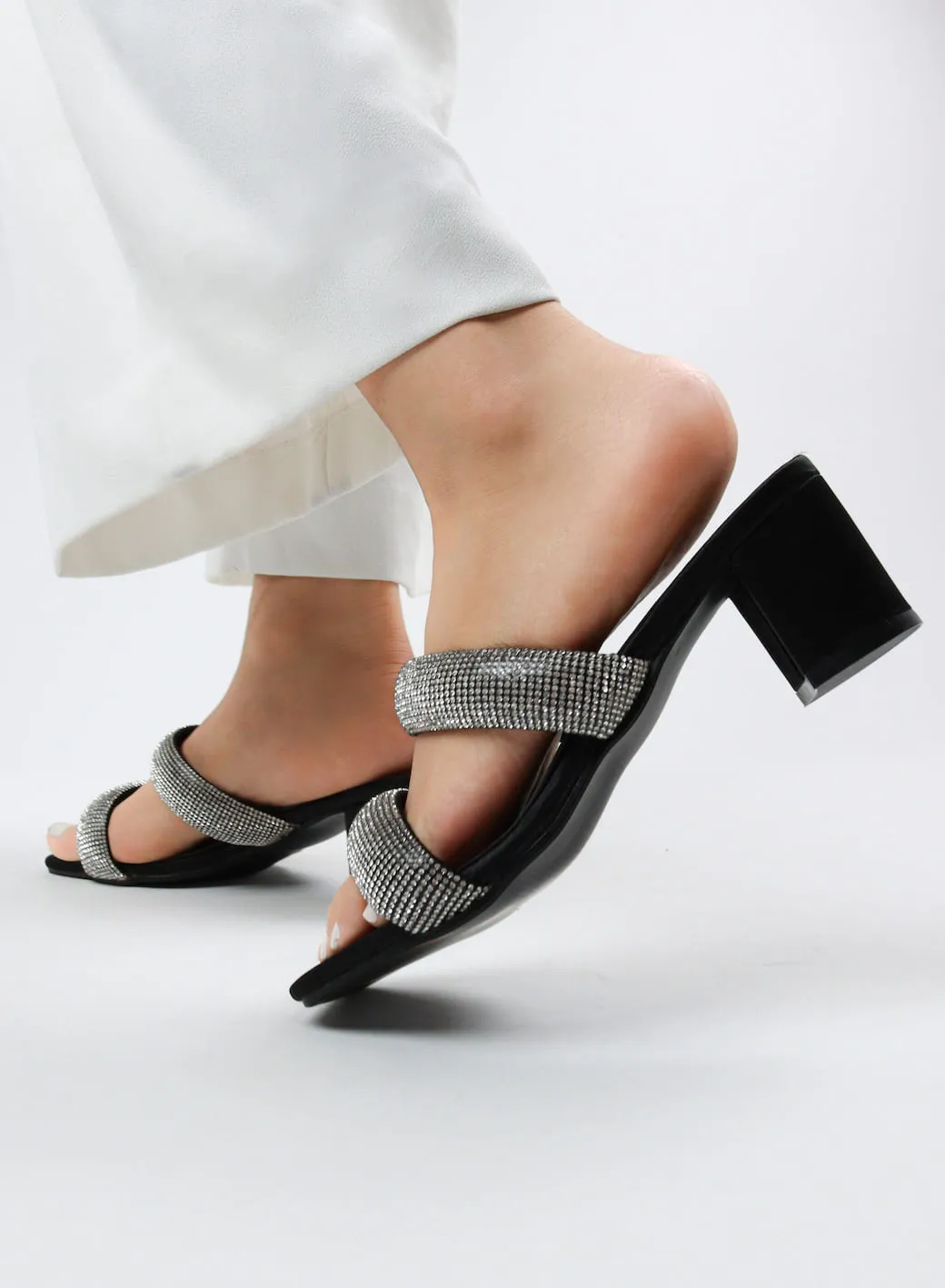 Women's Double Strap Bling Block Heels