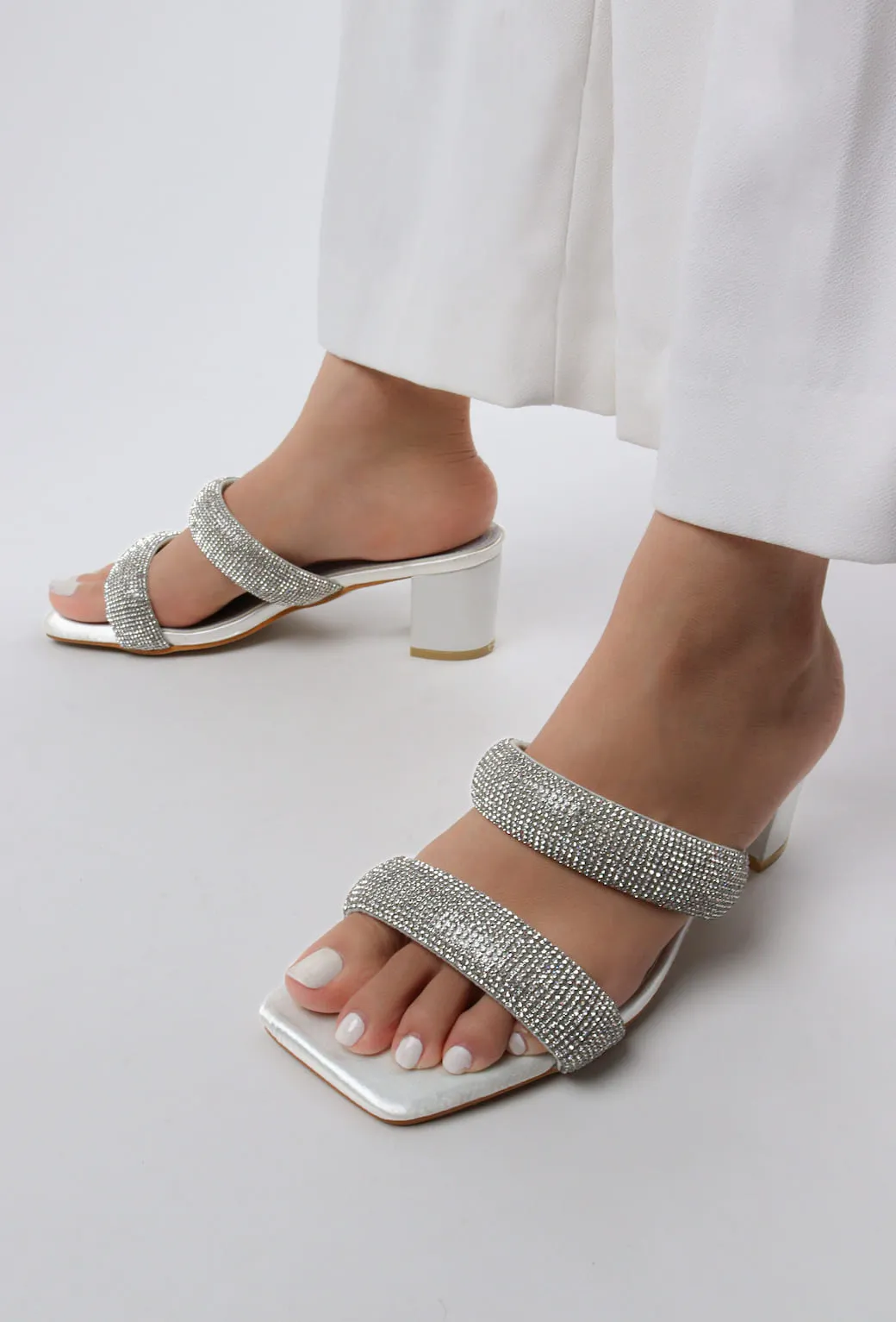 Women's Double Strap Bling Block Heels