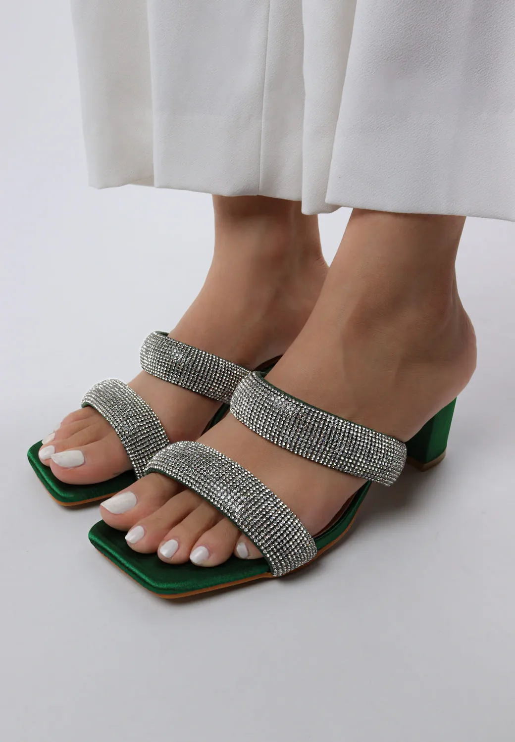 Women's Double Strap Bling Block Heels
