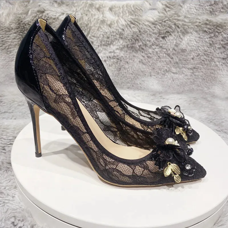 Women's lace high heels Sexy Party pointed shoes