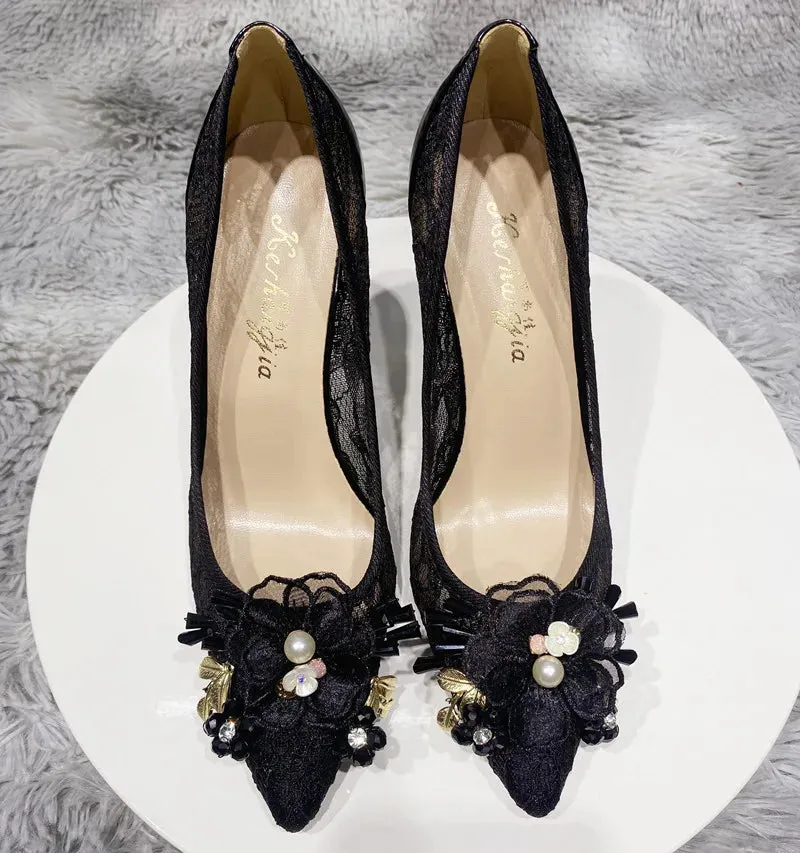 Women's lace high heels Sexy Party pointed shoes